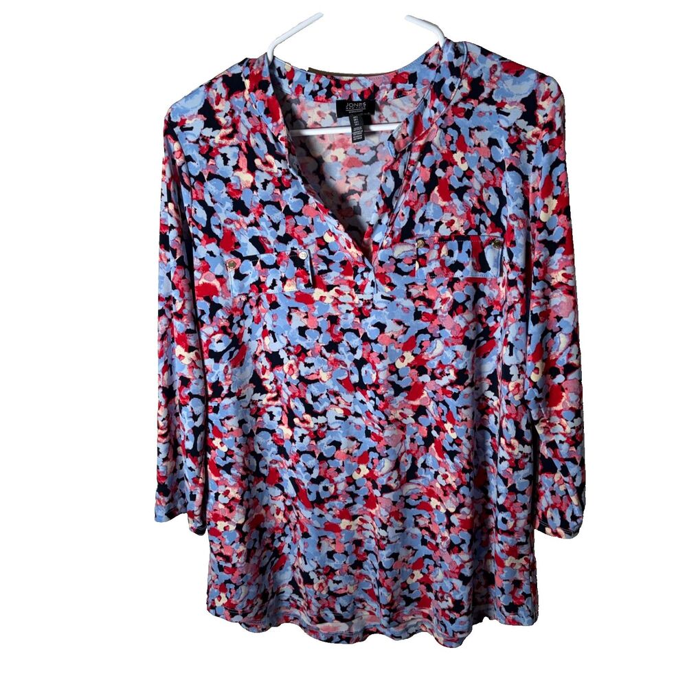 Jones New York Signature Blouse Women's Large V-Neck 3/4 Sleeve Printed Top